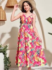 SHEIN 少女宰牲节、国庆假期、假日热带植物印花蕾丝吊带大 A 字裙 - 彩色 - 查看 3