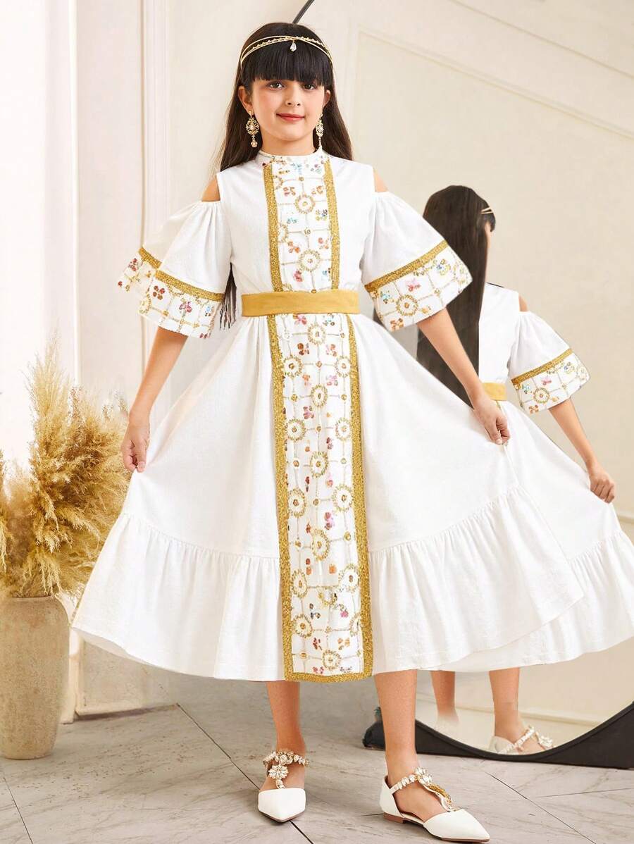 SHEIN Tween Girls Loose Elegant Embroidered Patchwork Ribbon Trim Stand Collar Dress - White - View 1