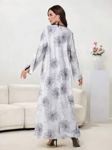 Al Najma Vestido largo maxi de mujer con cuello redondo, lazo y estampado floral elegante y romántico, vestido abaya modesto