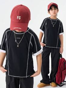 Coolane Kids Camiseta de punto de manga corta con cuello redondo y bordado gráfico, para adolescentes en primavera/verano