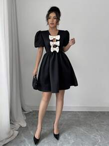 Chiquease Women's Bow Decor Short Puff Sleeve Casual Dress - Black - View 4