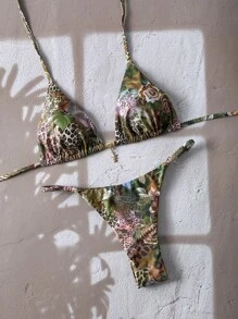 Swim Vcay Women Animal Print Splice Random Starfish Metal Pendant Spaghetti Strap Sexy Bikini Swimwear Set, Summer Beachwear