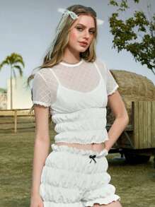 ROMWE Kawaii Camiseta de mujer con cuello redondo sólido, manga corta, cuello alto plisado y diseño lindo