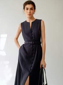 Uhlyne Women's Casual Elegant Sleeveless Linen Midi Dress With Belt - Navy Blue - View 7