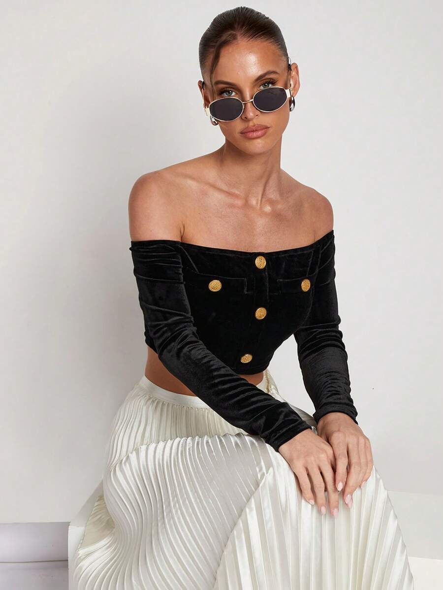 COSMINA Women's Elegant Black Metal Buckle Cropped Top, Spring/Summer - Black - View 1