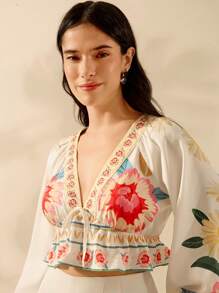 CAJUNI Chemise Boho femme à manches lanternes et col V profond, imprimé floral tropical, Top court casual pour plage et vacances d'été - Multicolore - Voir 6