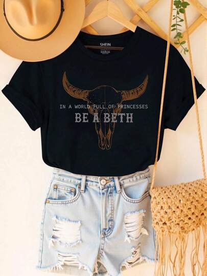 EMERY ROSE Women's Vintage Top "Be A Beth" Lettering Western-Inspired Casual Graphic Tee, Comfort Round Neck T-Shirt