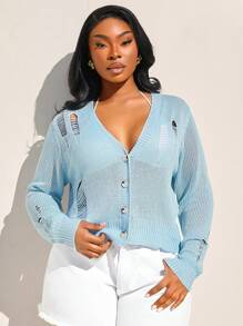 SHEIN SXY Women's Plus Size Light Blue Woolen Cardigan,Hollow Holed Autumn Smart Casual Knitwear,Slim Fit Comfortable Vacation Holiday Beach Seaside Cardigan - Blue - View 5
