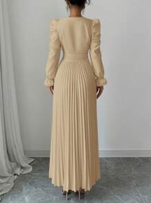 Calvaya Robe longue simple à col en V, manches bouffantes, plissée, de couleur unie, pour automne, tenue maxi pour femmes