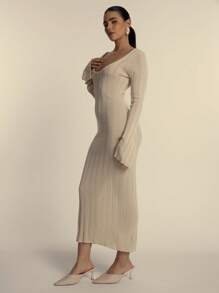 MUSERA Ribbed Knitted Scoop Neck Flare Sleeve Maxi Dress Spring Evening Party Elegant - Cream - View 2