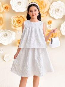 SHEIN Leap Crew 青少年女孩两件套服装：优雅露背蝴蝶结宽松无袖上衣和裙子套装 - 白色 - 查看 3