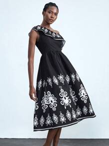 Chiquease Robe mi-longue sans manches pour femmes avec épaule découpée et bordure à volants, imprimé floral