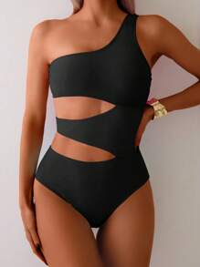 1pc Women Contrast Color One-Piece Swimsuit For Summer Beach Vacation - Black - View 5