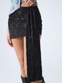 LYSMO Women's Knitted Jacquard Skirt With Ruffled Hem And Ribbon Design - Black - View 5