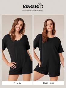 GLOWMODE Modal Take It Easy Reversible Short Sleeves Romper Jumpsuit With Side Large Pocket Daily Casual Spring Summer - Black - View 2
