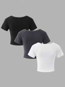 SHEIN 3pcs Girls Teen Long Sleeve Solid Color Lace Knit Set - Multicolor - View 2