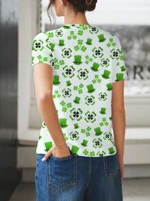 INAWLY St. Patrick's Day Clover Digital Print Women's Regular Fit Short Sleeve Crew Neck T-Shirt