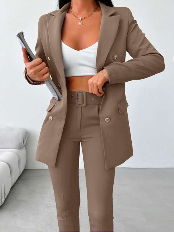 EURMUSE Women's Solid Color Blazer And Pants Suit Set, Simple Fashion Casual Daily Wear