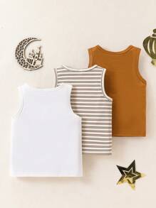 SHEIN مجموعة سترة بلا أكمام من 3 قطع للأولاد، تصميم متعدد الاستخدامات بخطوط الخاكي والكراميل الأحادي واللوحات المطرزة بنموذج الفانوس، مثالية لخزانة ملابس الأولاد في الربيع/الصيف