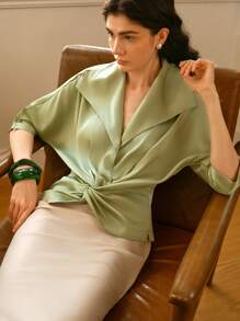 Uhlyne Fashionable Woven Twill Lapel Twist Detail Elegant Ladies Blouse - Mint Green - View 6