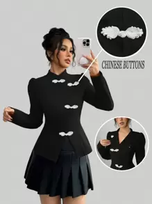 Chiquease 女装中国新年圆盘纽扣旗袍领优雅约会圣诞节情人节度假演唱会复活节约会商务休闲春季舒适长袖里料松紧腰不对称原创黑白上衣 - 黑色 - 查看 1