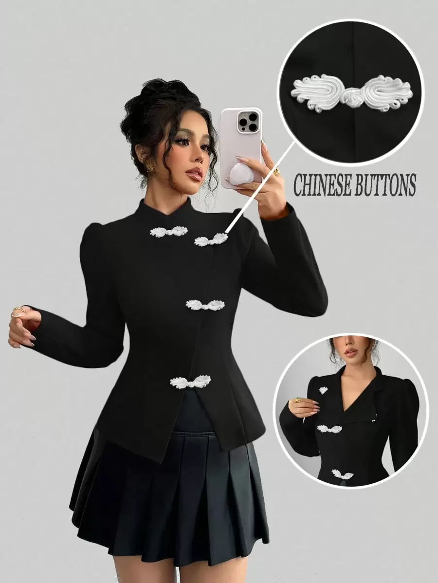 Chiquease 女装中国新年圆盘纽扣旗袍领优雅约会圣诞节情人节度假演唱会复活节约会商务休闲春季舒适长袖里料松紧腰不对称原创黑白上衣 - 黑色 - 查看 1