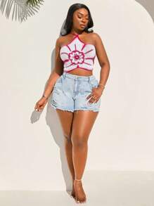 SHEIN SXY Große Größen Damen Frühling/Sommer 2025 Neue Zweischichtige Gestrickte Blüten Sexy Rückenfreie Verstellbare Trägerweste, Geeignet für Strandurlaub, Date Night, Geburtstag, Junggesellinnenabschied, Süß, Lässig, Einkaufen, Streetwear, Ausgehen, Leicht zu kombinieren & Schlank aussehend, betont Ihre Figur, schmeichelhaft