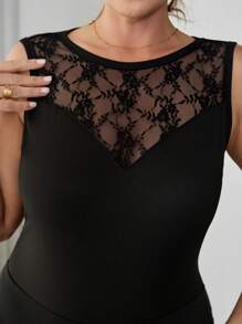 SHEIN Clasi Plus Size Elegant And Sexy Lace Panel Sleeveless Bodysuit Women Clothing Bodysuit Bodysuit Top Bodysuits For Women Summer Outfits For Women Wedding Guest Dress Women  Concert Outfit Women Wedding Guest Dress Women