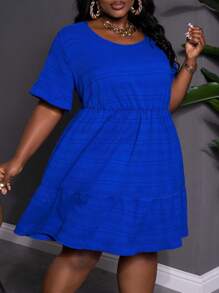 SHEIN CURVE+ Plus Size Women'S Tiered Ruffle Hem Babydoll Dress - Royal Blue - View 3