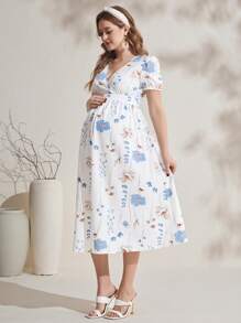 SHEIN Vestido de maternidad con cuello cruzado en V, manga corta y volantes para la primavera