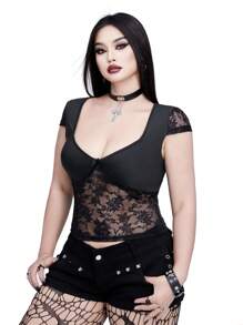 Whyspr Blusa transparente de encaje con escote en V y lazo, talla grande y sensual