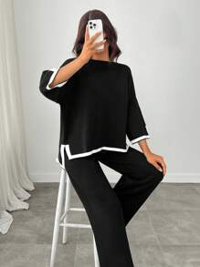 RueChic Conjunto casual de suéter holgado de punto con mangas de murciélago y pantalones en talla grande para mujer