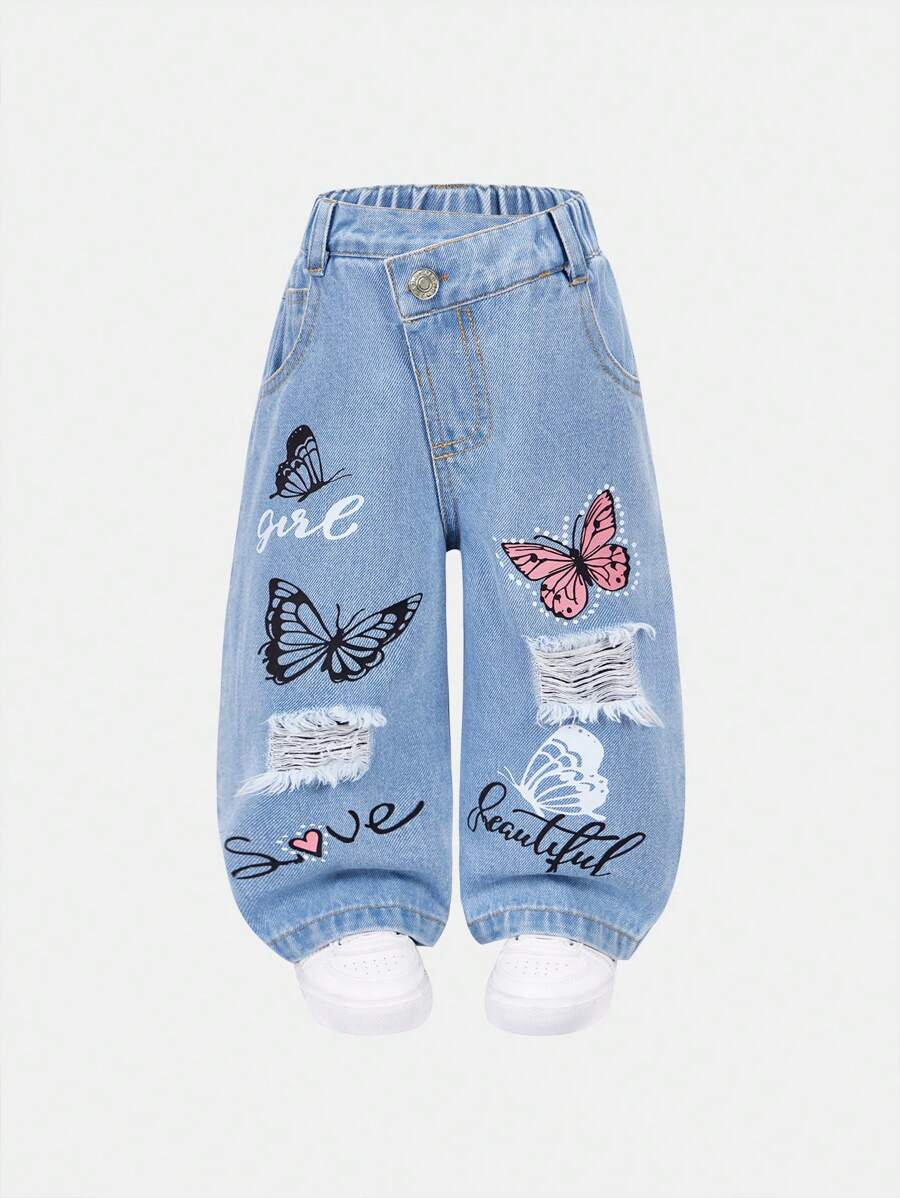 Baby Girls' Versatile Comfortable Cute Casual Vacation Fashion Cute Butterfly Printed Inelastic Uneven Waist Denim Trousers, Lightweight Spring/Autumn - Medium Wash - View 1