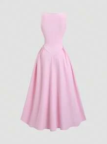 Sweetra Robe rose minimaliste pour femmes avec dos froncé et effet de taille marquée, style mode française - Rose bonbon - Voir 2