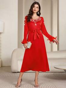 Al Najma 女士奢华手工水晶袖口仿皮草装饰长款派对连衣裙