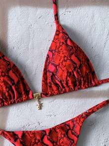 Elavelle Women Snake Skin Pattern Random Print Metal Pendant Beach Resort Bikini Swimwear Set, Summer