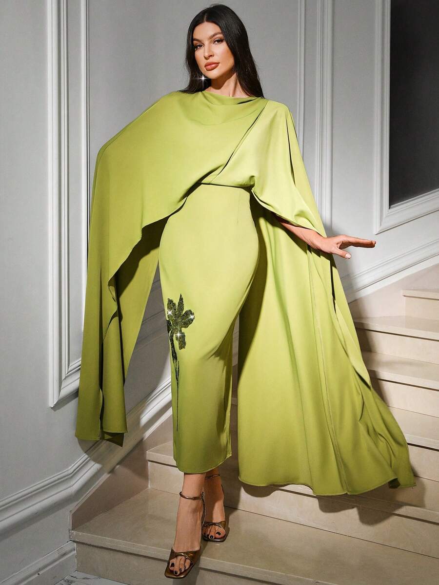 Modelyn Women's Elegant Slim Fit Long Sequin Embellished Dress Dress With Cape - Green - View 1