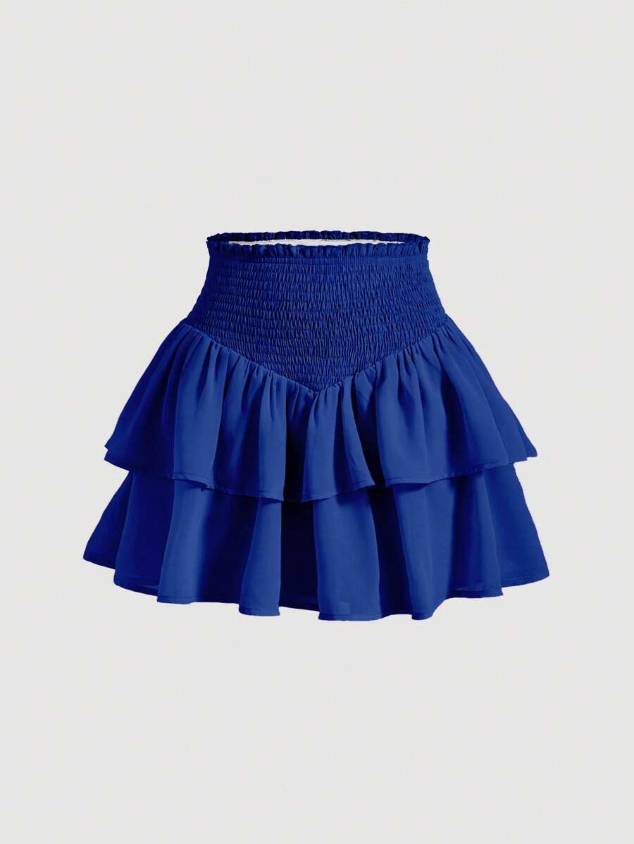SHEIN MOD 皇家蓝色荷叶边 V 型腰纸袋腰双层下摆裙子 - 寶藍色 - 查看 1