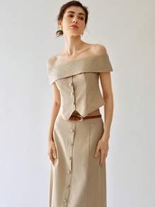 Uhlyne 休闲露肩亚麻套装，长裙，适合高个子女性，春夏 - 杏色 - 查看 1