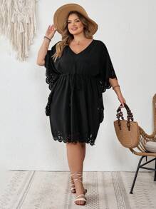 SHEIN CURVE+ Plus Laser Cut Out Drawstring Waist Cover Up Dress Boho Vacation - Black - View 6