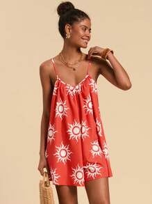 Travachic 女式宽松梭织连体裤，饰有烈日图案印花 - 紅色 - 查看 3