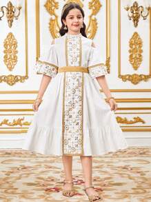 SHEIN Tween Girls Loose Elegant Embroidered Patchwork Ribbon Trim Stand Collar Dress - White - View 8
