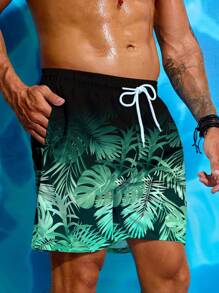 Manfinity VDAYZ Men's Tropical Plant Print Drawstring Waist Beach Shorts - Dark Green - View 5