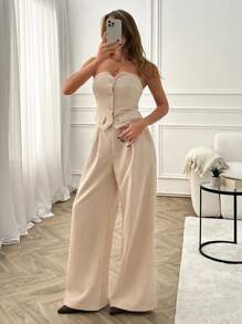 EURMUSE Summer Corduroy Two-Piece Set With Strapless Button-Front Top And Wide-Leg Pants - Featuring A Smocked Back For Comfort And Fit, Tailored Waist Detail, And Lightweight Corduroy Fabric, Perfect For Effortless Summer Elegance, Casual Outings, Or Stylish Vacation Looks Women Work Outfits Women S Summer Clothes Women S Clothes - Beige - View 4