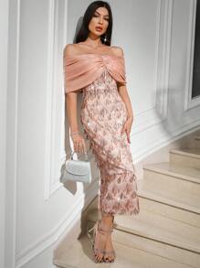 Modelyn Women Elegant Banquet Orange Pink Organza Bow One-Line Shoulder Mesh Bead Embroidered Dress  Summer Clothes  Wedding Guest Dress Women