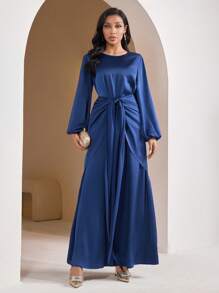 Veilorie Vestido longo casual feminino, cor sólida simples e fashion para uso diário - Azul marinho - Ver 4