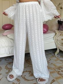 Plus Size Solid Color Simple Neck Casual Long Pants, For Daily Wear And Lounging Fall Cloth For Women - White - View 5