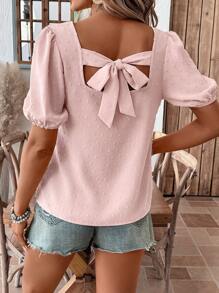 SHEIN LUNE 女士休闲纯色露背系带泡泡袖方领衬衫，春夏可爱上衣，夏季上衣，露脐上衣，女士度假装，女士外出上衣，休闲款 - 粉色 - 查看 2