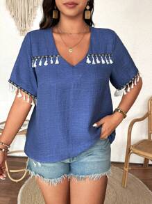 SHEIN Clasi Plus Size Solid Color Faux Leather V-Neck Patchwork Ribbon Tassel - Blue - View 4