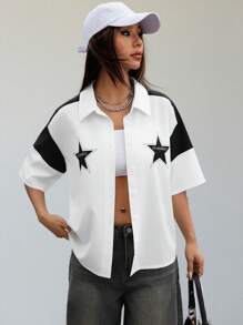Flirla Nouvelle chemise femme style mode couleur contrastée imprimé étoile